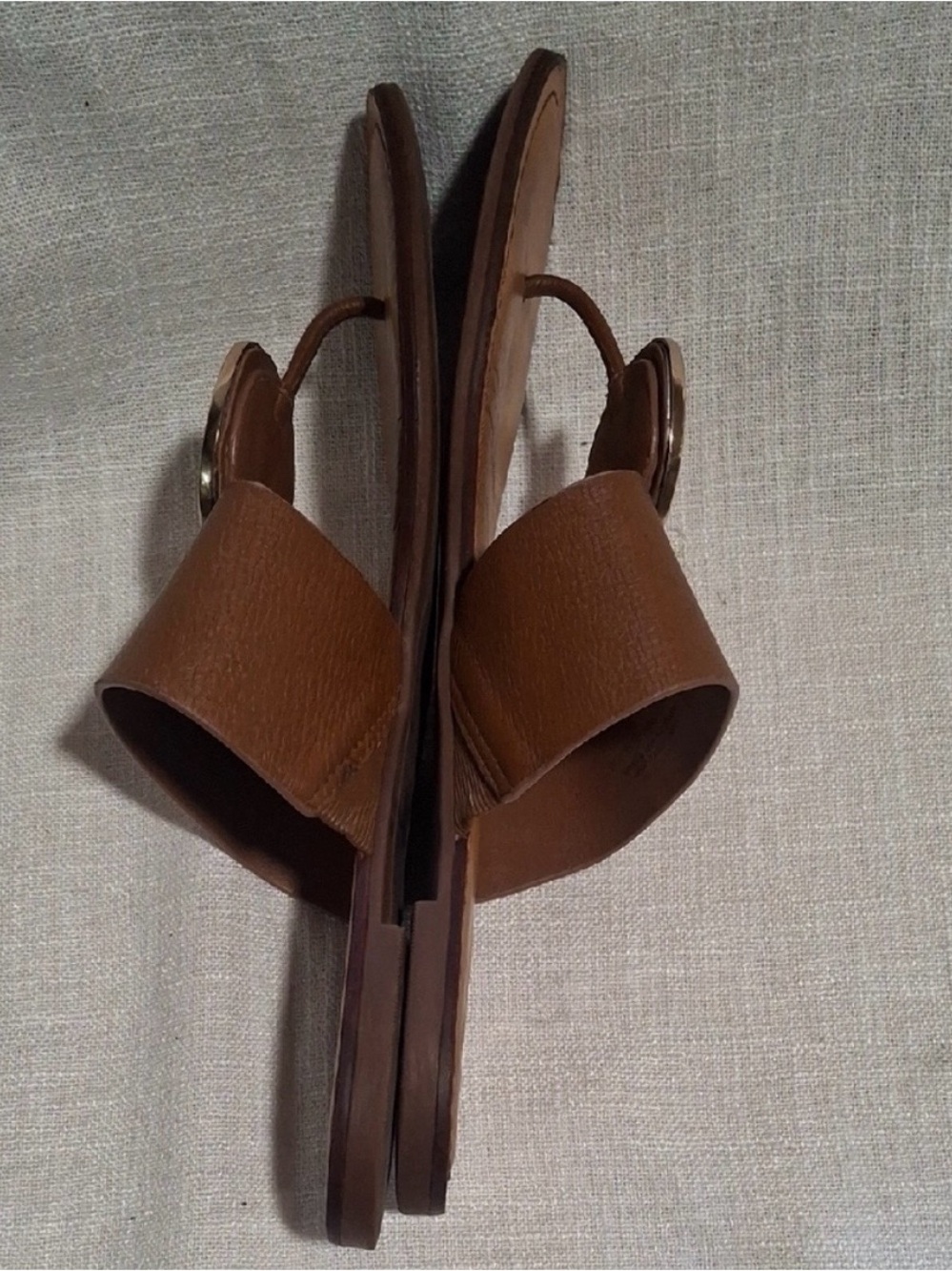 Tory Burch Cognac Leather Slide Sandals with Gold Emblem - Picture 4 of 10